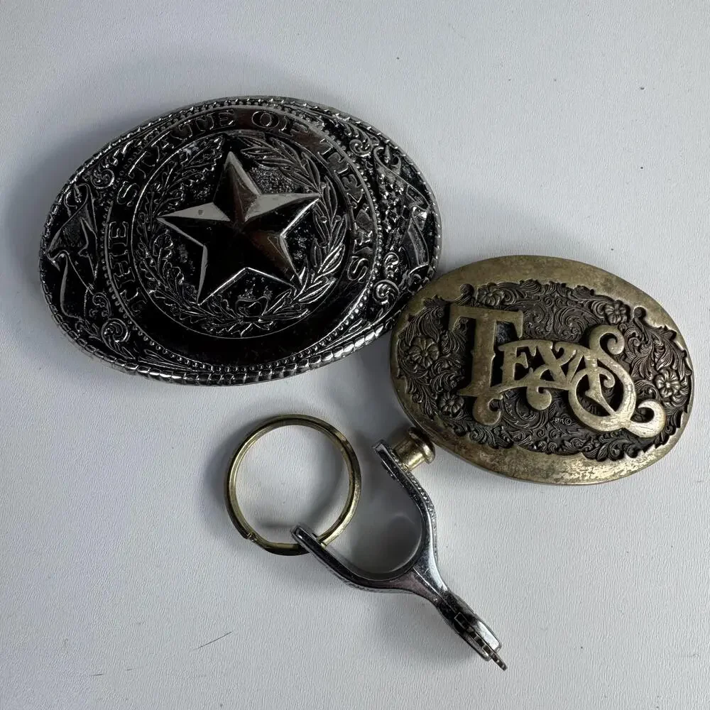 Texas Belt Buckles Lot Mens Brass Western Floral State Of Texas Key Holder